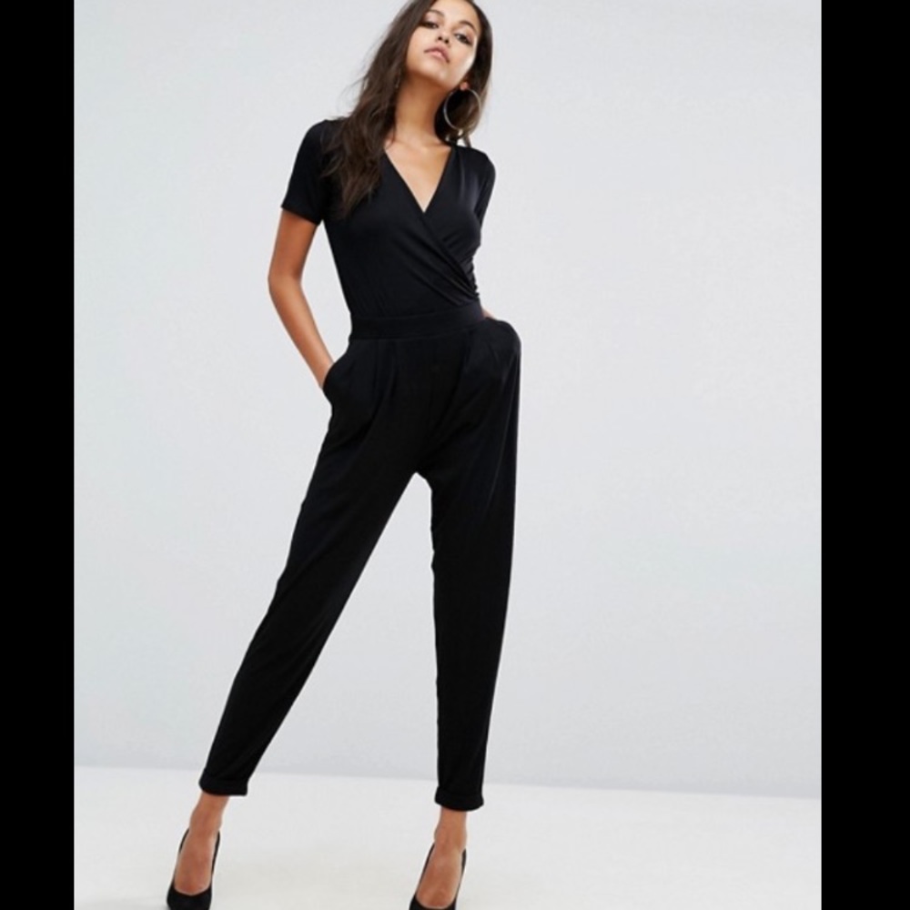 ASOS black jersey wrap front jumpsuit.